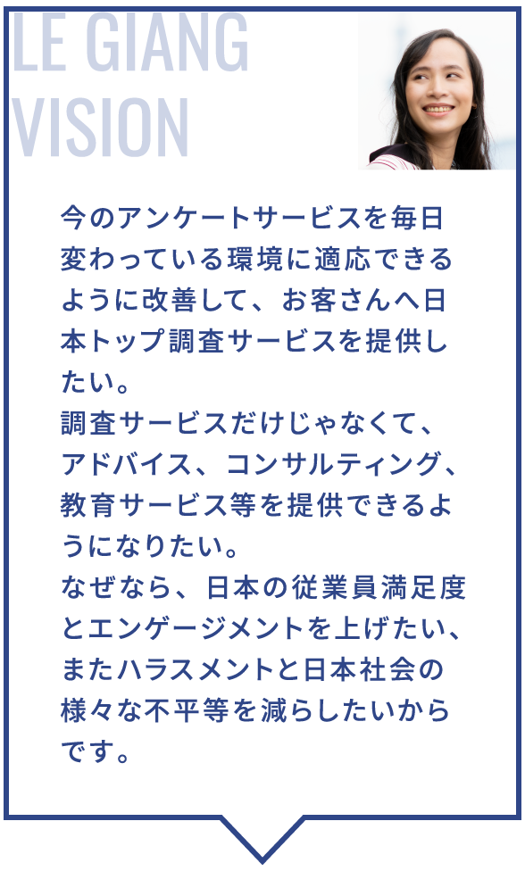 ー今のアンケットサービスを毎日変わっている環境に適応できるように改善して、お客さんへ日本トップ調査サービスを提供したい。ー調査サービスだでじゃなくて、アドバイス、コンサルティング、教育サービス等を提供できるようになりたい。＝＞日本の従業員満足度とエンゲージメントを上げたい、またハラスメントと日本社会の様々な不平等を減らしたいからです。