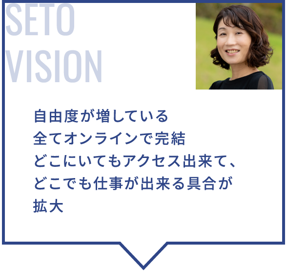 自由度が増している全てオンラインで完結どこにいてもアクセス出来て、どこでも仕事が出来る具合が拡大